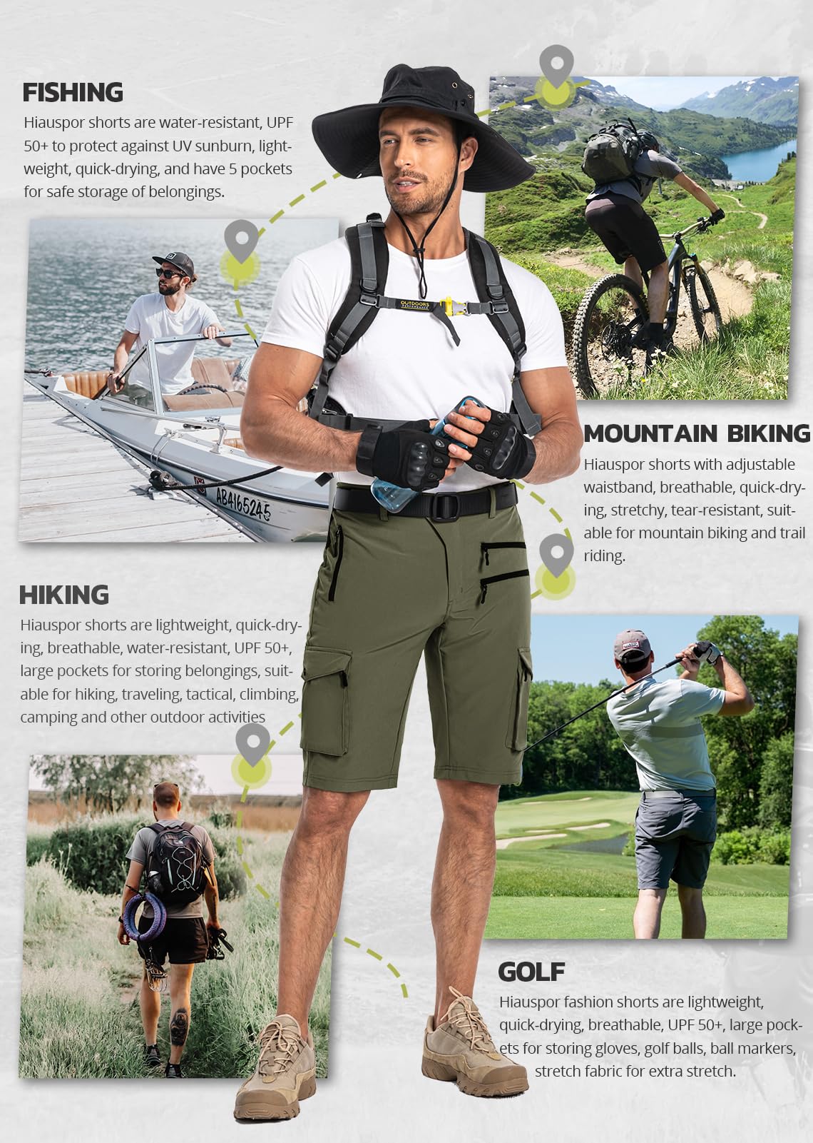 Hiauspor Men's Hiking Cargo Shorts Quick Dry Lightweight Casual Fishing Tactical Golf for Outdoor with 5 Pockets