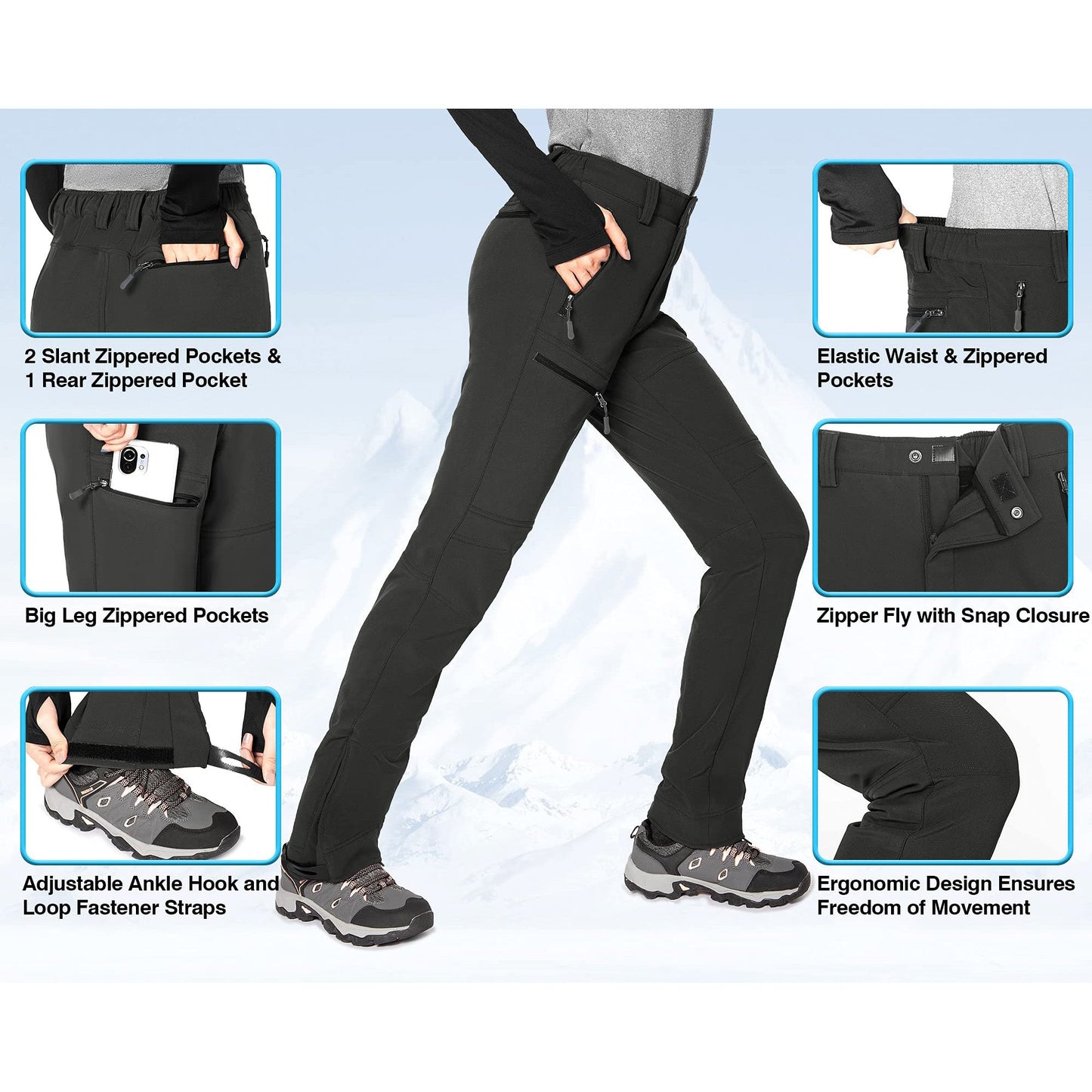 Hiauspor Women's Waterproof Hiking Pants Fleece Lined Ski Snow Winter Cargo Pants