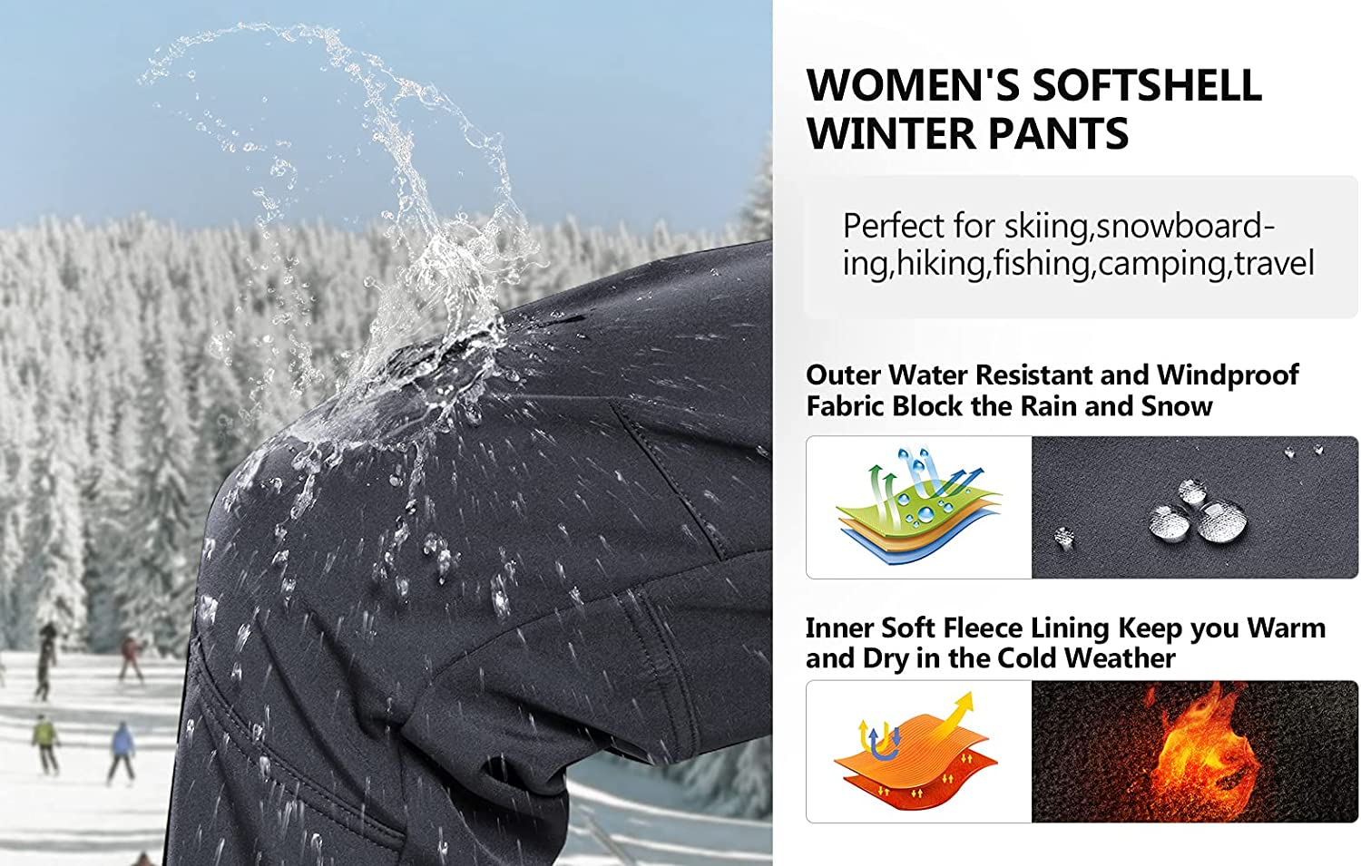 Hiauspor Women's Water Repellent Fleece Snow Ski Winter Pants with Pockets for Hiking Camping Fishing Outdoor