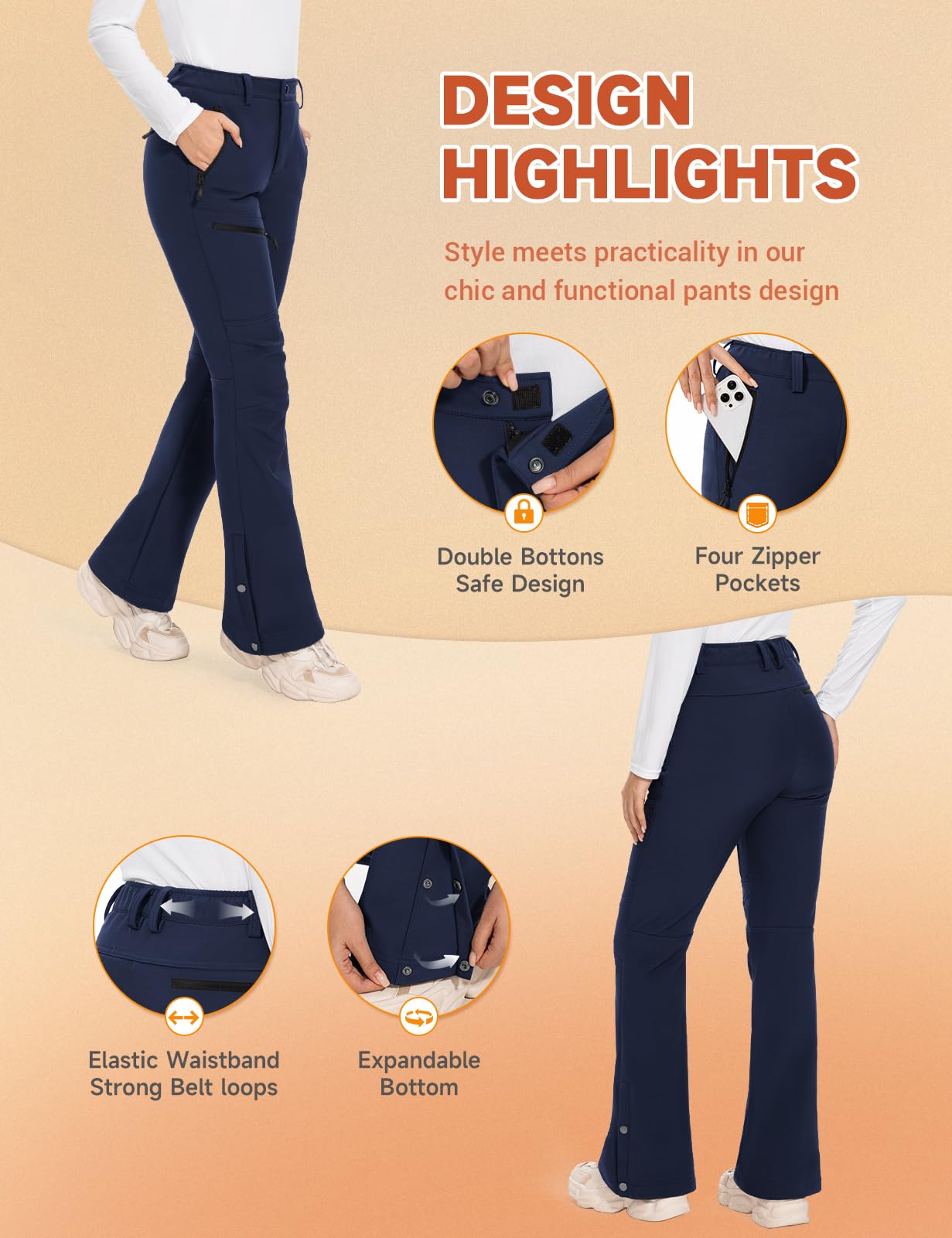 Hiauspor Womens-Snow-Ski-Pants-Fleece-Lined-Water-Resistant Insulated Thermal Flare Warm for Snowboard Winter Hiking