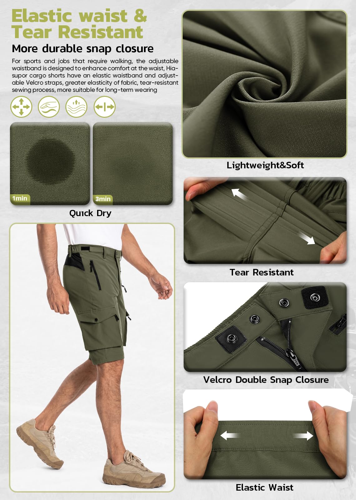 Hiauspor Men's Hiking Cargo Shorts Quick Dry Lightweight Casual Fishing Tactical Golf for Outdoor with 5 Pockets