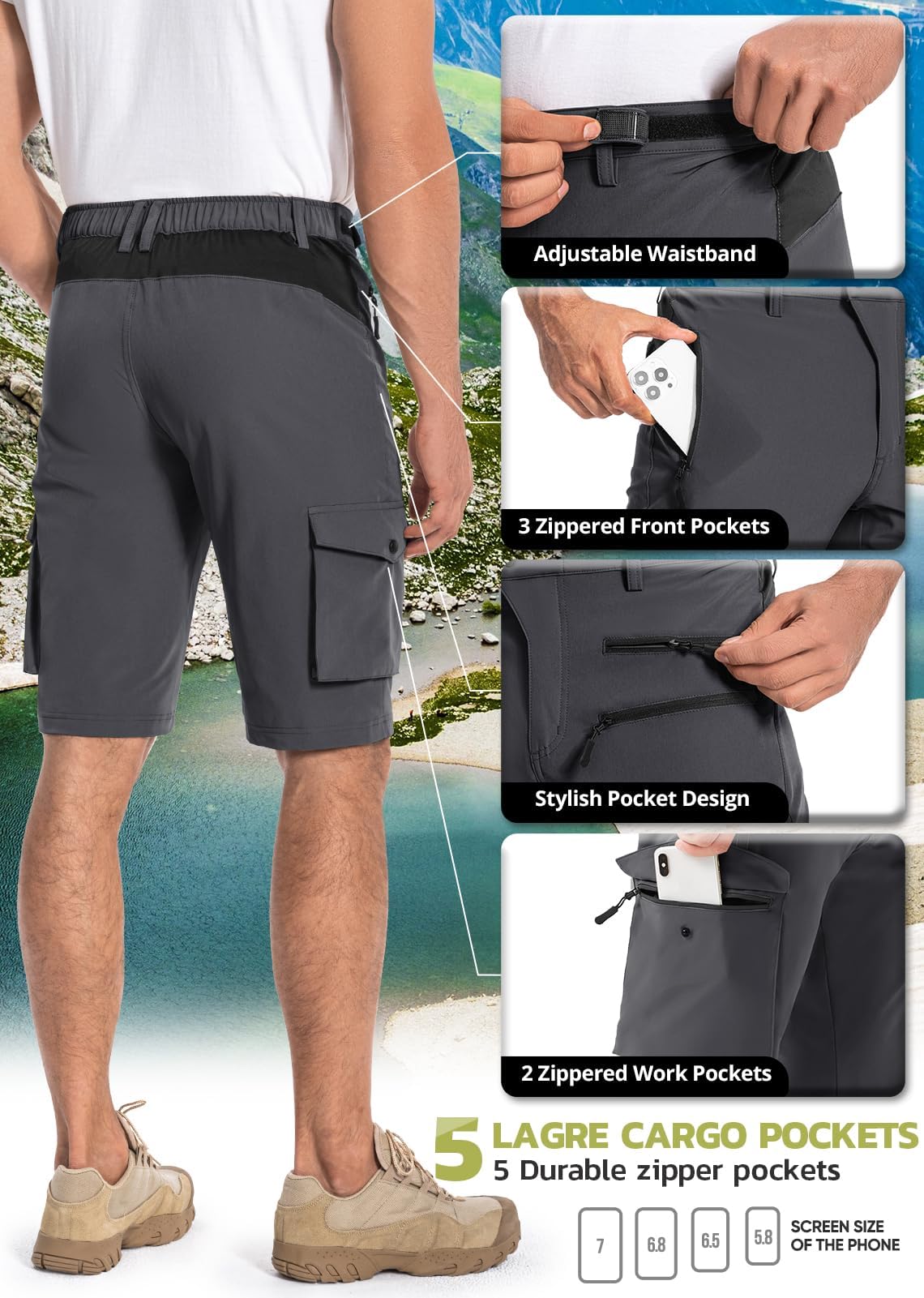 Hiauspor Men's Hiking Cargo Shorts Quick Dry Lightweight Casual Fishing Tactical Golf for Outdoor with 5 Pockets