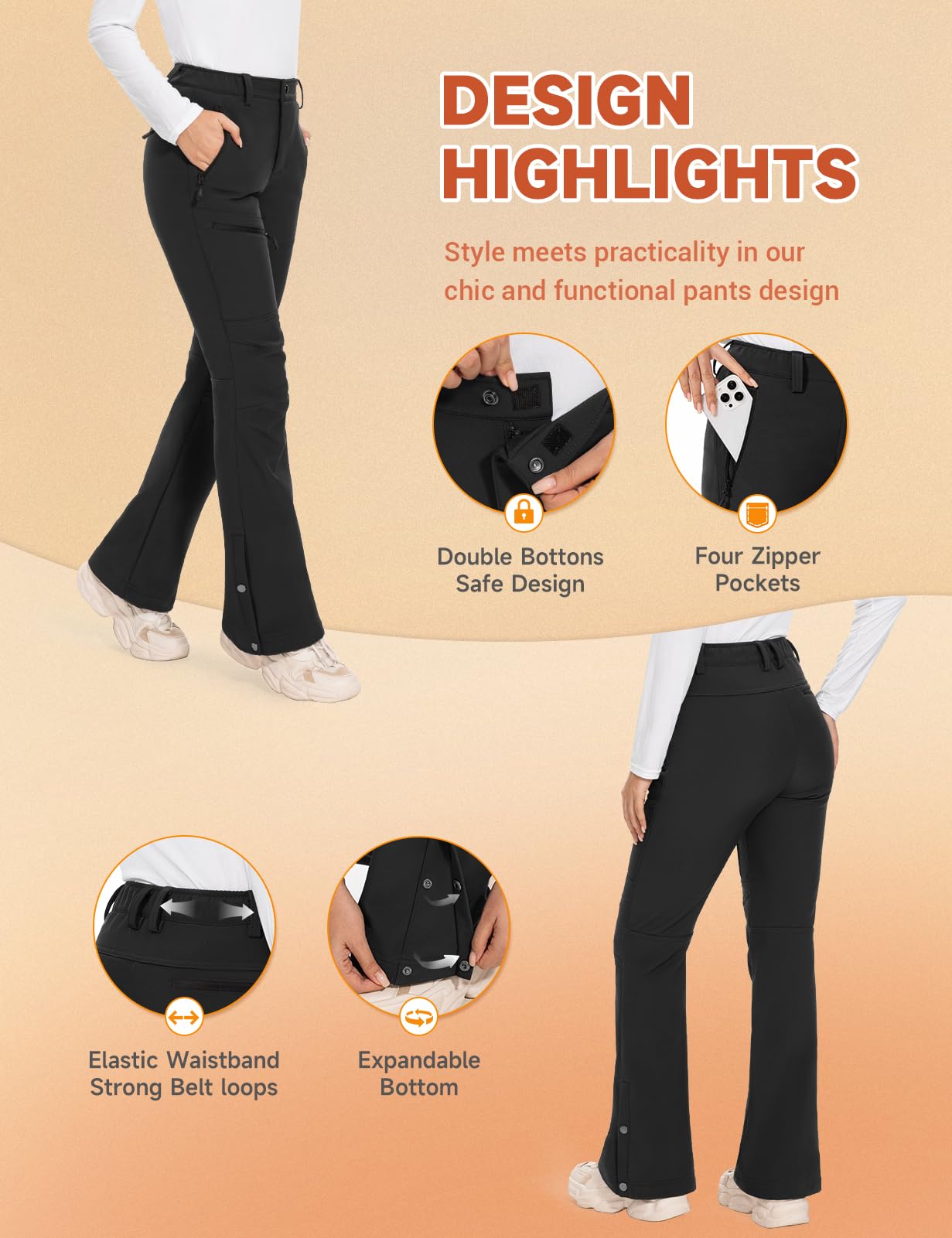 Hiauspor Womens-Snow-Ski-Pants-Fleece-Lined-Water-Resistant Insulated Thermal Flare Warm for Snowboard Winter Hiking