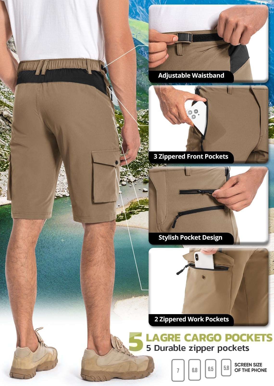 Hiauspor Men's Hiking Cargo Shorts Quick Dry Lightweight Casual Fishing Tactical Golf for Outdoor with 5 Pockets