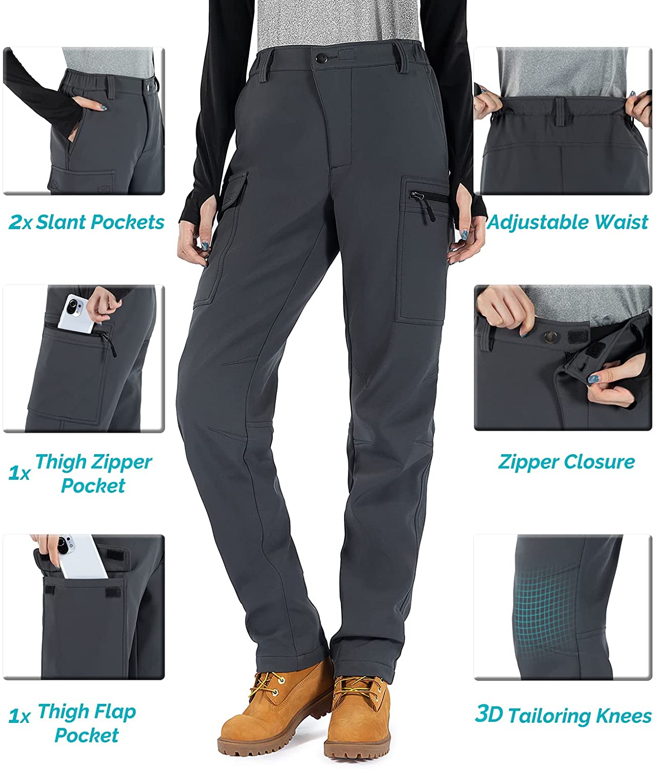 Women Fleece Lined Ski Pants Waterproof Insulated Hiking Cargo Pockets  Trousers